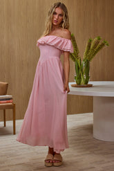 Serinah Basque Waist Off-Shoulder Maxi Dress Pink