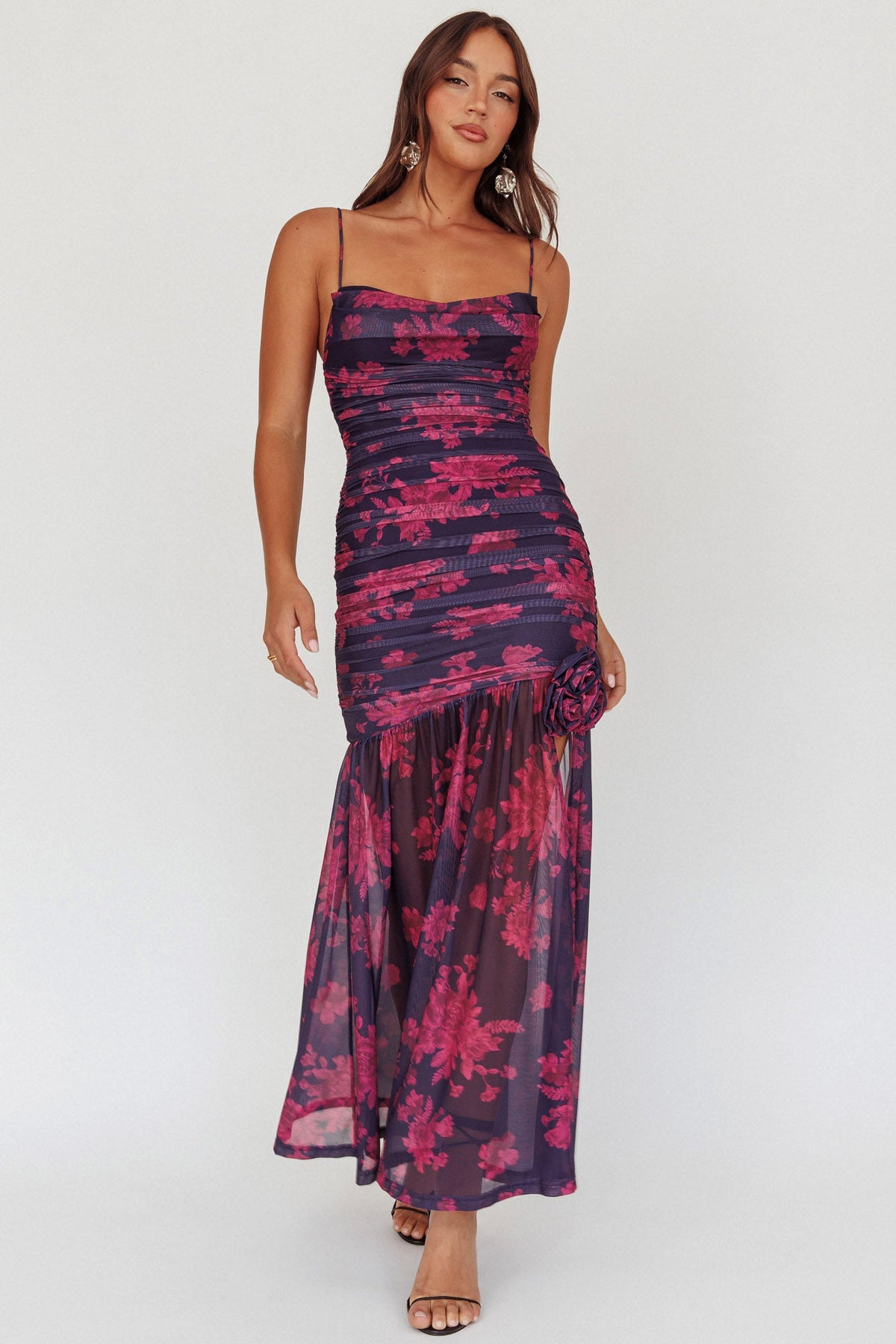 Stole The Show Ruched Mesh Maxi Dress Floral Grape